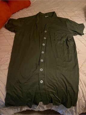 Essentials Olive Button-Front Short Sleeve Shirt Dress
